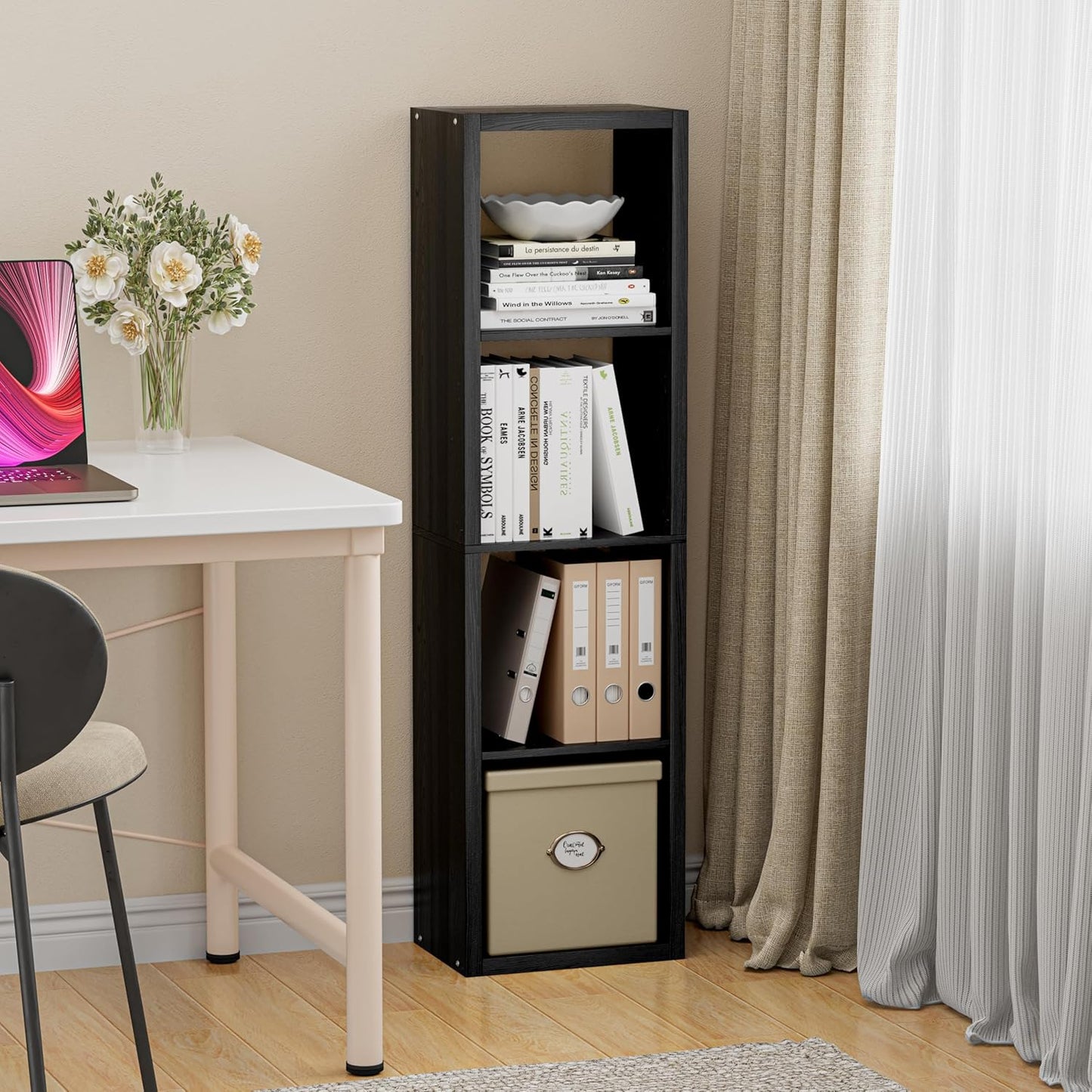 Cube Storage Organizer Bookcase, Small 4 Tier 11 inch Open Back Cubical Shelf with Thickened Border, Display Bookshelf for Living Room, Home Office, Sturdy Room (Black, 4 Cube,Vertical)