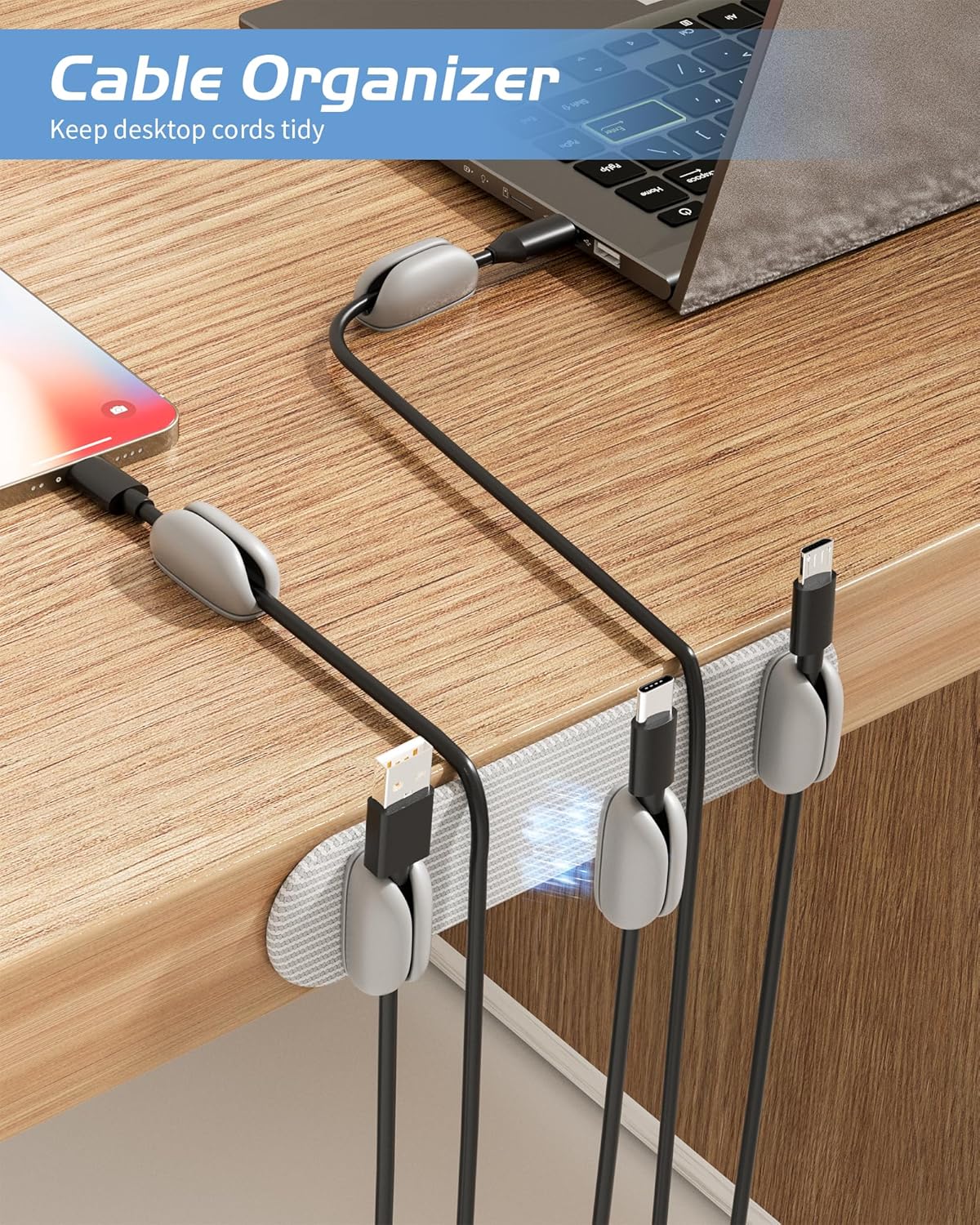 5-Pack Magnetic Cable Clips Cord Organizer - Smoothly Adjustable, Puretor Desk Cable Management Clips. Ideal Wire Holders for Desktop, Nightstand, Wall - Perfect for Home Office, Phone, Car (Grey)