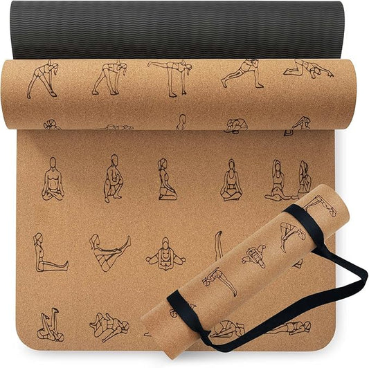 Premium Cork Yoga Mat 1/4 & 2/5 Inch Thick 72 x 26 in, Thick Cork and TPE Non Slip Yoga Mats for Women Men, Sweat Proof Eco-friendly, Great for Hot Yoga & Workouts