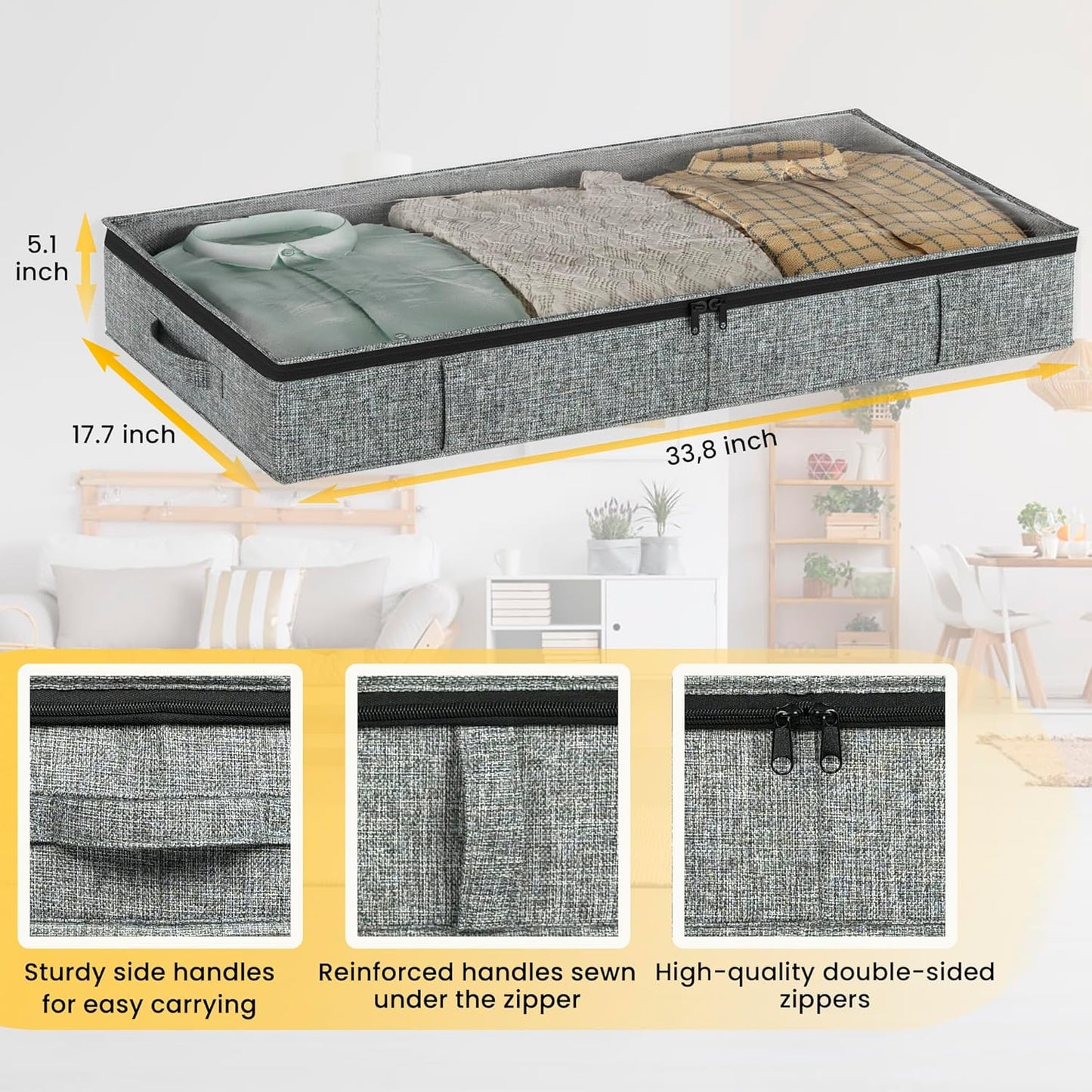 Gray Low Profile Under Bed Storage Containers 5 inches high, 33.8"x 17.7"x 5.1", Sturdy Underbed Shoe Storage Organizer, Foldable Fabric Under the Bed Storage Bins - Pack of 2