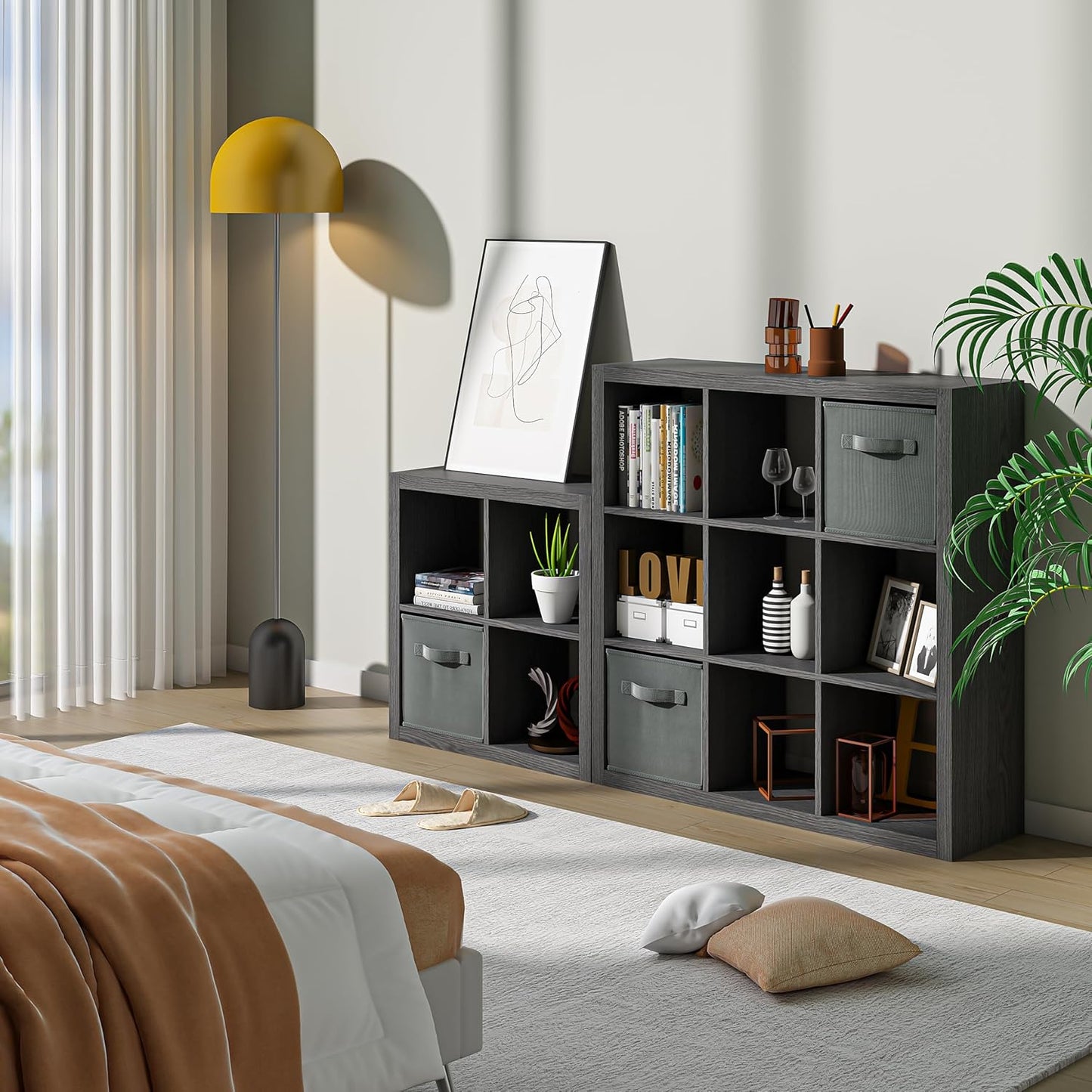 Bookshelf with Storage Bin, 4-Cube Storage Organizer, Modern Wood Open Bookcase, Multifunctional Display Shelf for Living Room, Bedroom, Home Office, Black