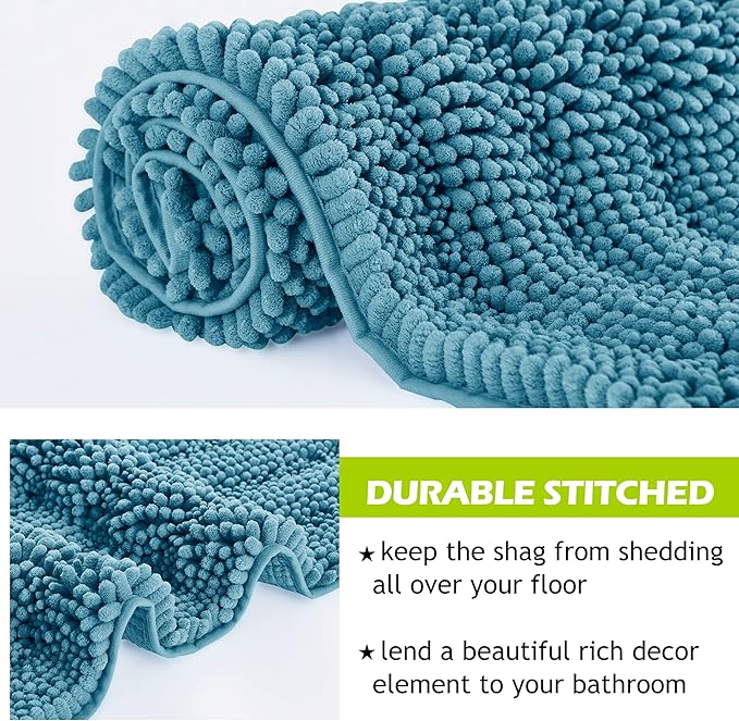 KGORGE Machine Washable Shower Rugs - Water Absorbent Non Slip Soft Quick Dry Shaggy Microfiber Small Bath Mats for Kitchen Floor Tub Shower Entryway, Bluish Green, 47" W x 17" L, 1Pc