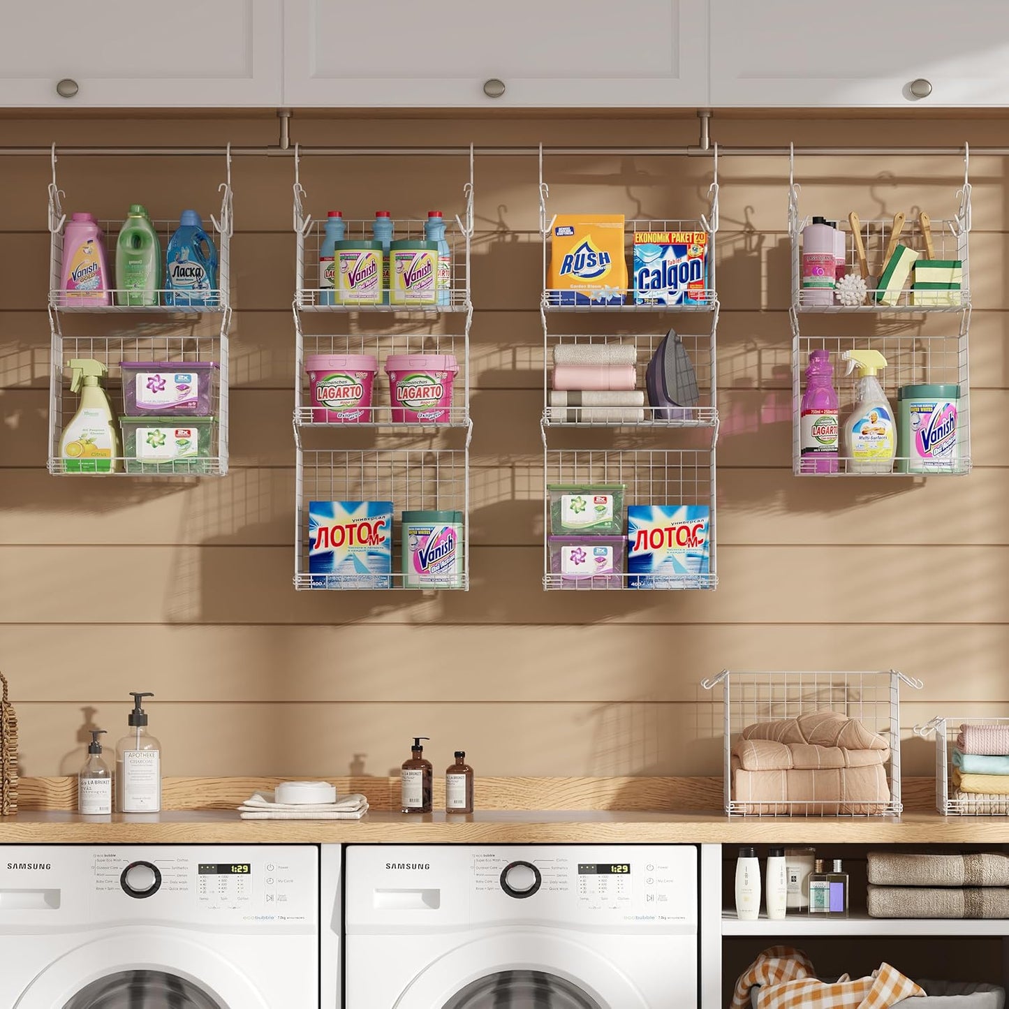 Sonyabecca 5-Tier Hanging Laundry Basket Organizer: Foldable Wire Shelf Basket with 4 Large Hooks 1.65" & 360°Rotating Hooks – Space-Saving Laundry Room Organization for Wardrobe Closet, White Patent