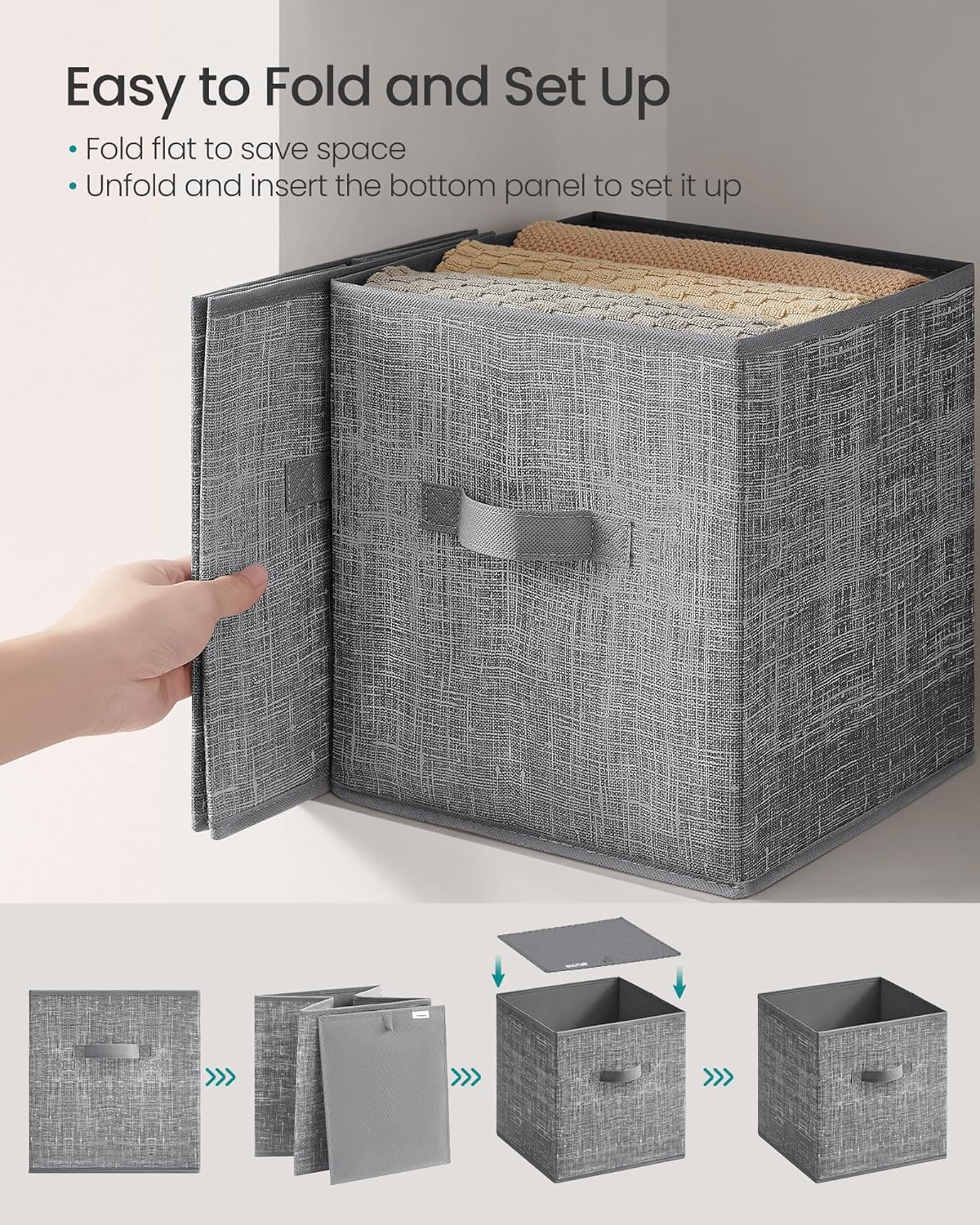 SONGMICS Storage Cubes, 10.2 x 10.2 x 11 Inches Non-Woven Fabric Bins with Double Handles, Set of 10, Closet Organizers for Shelves, Foldable, for Clothes, Cattail Gray UROB126G01