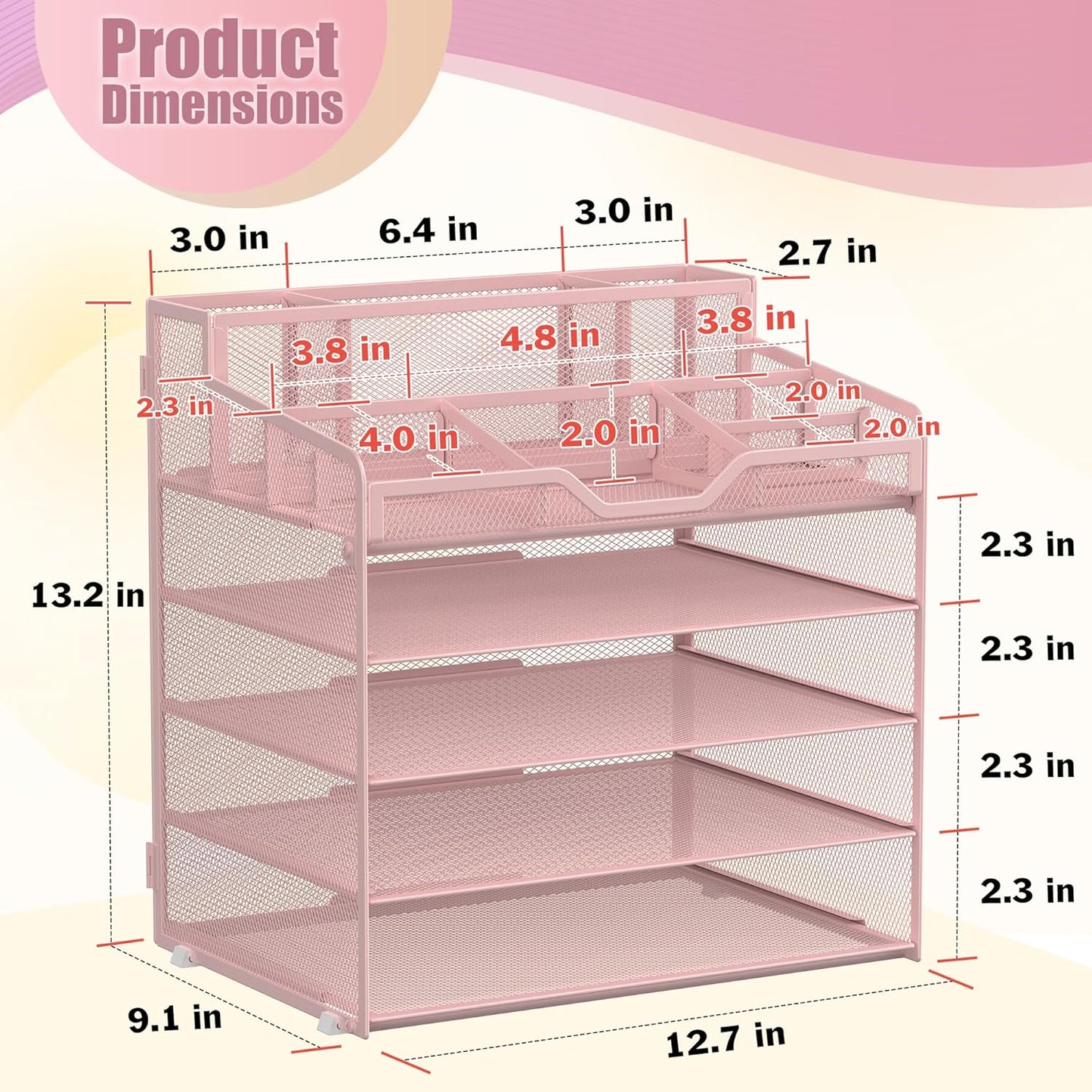 Docnest 5 Tier Mesh Desk Organizer for Paper Office Supplies – Multi-Functional Letter Tray with 5 Adjustable Compartments, 3 Pen Holders, Desktop Storage for Files, Mail, Stationery – Pink