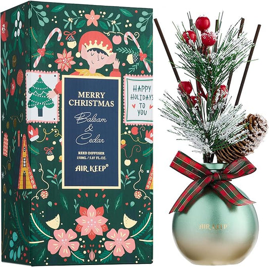 Airkeep Reed Diffuser Set, 5.07 oz(150ml) Balsam & Cedar Christmas Scented Diffuser with 8 Oil Diffuser Sticks,Home Fragrance Essential Oil Reed Diffuser for Home Room Bathroom Shelf Decor