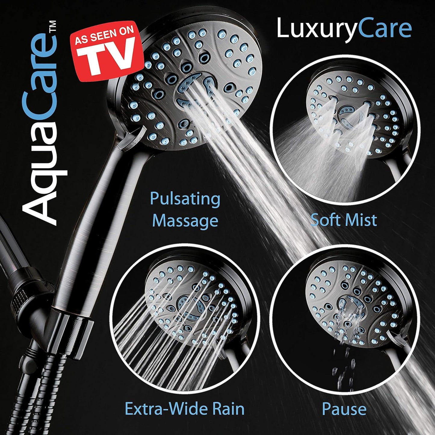 Hotel Spa AquaCare High Pressure 8-mode Handheld Shower Head, Anti-clog Nozzles - Built-in Power Wash to Clean Tub, Tile & Pets, Extra Long 6 ft. Stainless Steel Hose, Wall & Overhead Brackets