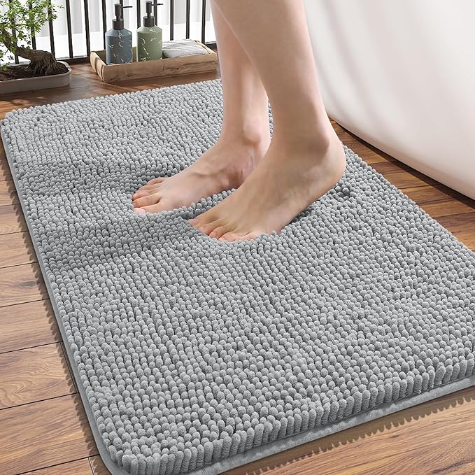 OLANLY Bathroom Rugs 34x21, Extra Soft Absorbent Chenille Bath Rugs, Rubber Backing Quick Dry, Machine Washable Bath Mats for Bathroom Floor, Tub and Shower, Home Decor Accessories, Light Grey