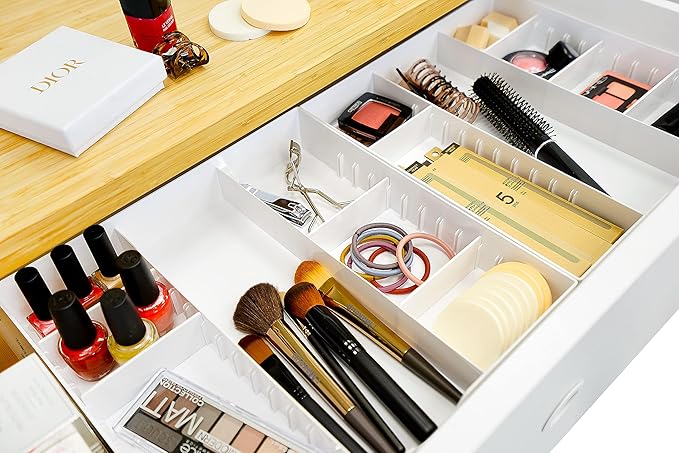 CAXXA 3 Slot Drawer Organizer with 4 Adjustable Dividers - Junk Drawer Storage for Makeup & Vanity, Office Desk Supplies and Accessories (WHITE, 1 PACK)