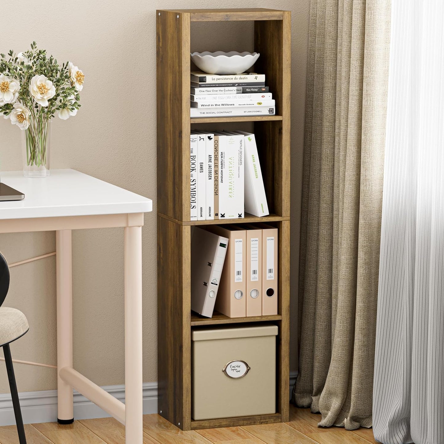 Cube Storage Organizer Bookcase, Small 4 Tier 11 inch Open Back Cubical Shelf with Thickened Border, Display Bookshelf for Living Room, Home Office, Sturdy Room (Brown, 4 Cube,Vertical)