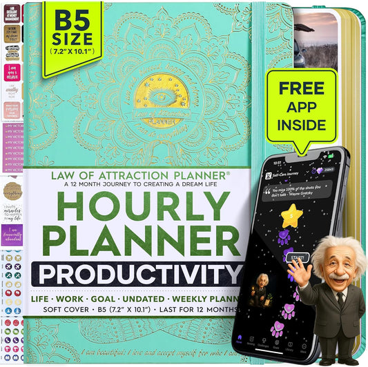 Hourly Planner – Undated Weekly & Monthly Goal Setting Planner, 12-Month to Increase Productivity | Life & Gratitude Journal, Include Foldable Vision Board, Gift Box & Stickers
