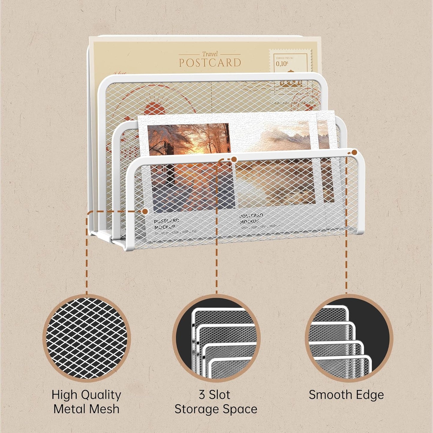 SUPEASY Mail Organizer for Desk, Mesh Metal Mail Holder Countertop with 3-Slot, Letter Sorter File Holder, Office Envelope Organizer for Mails (White)