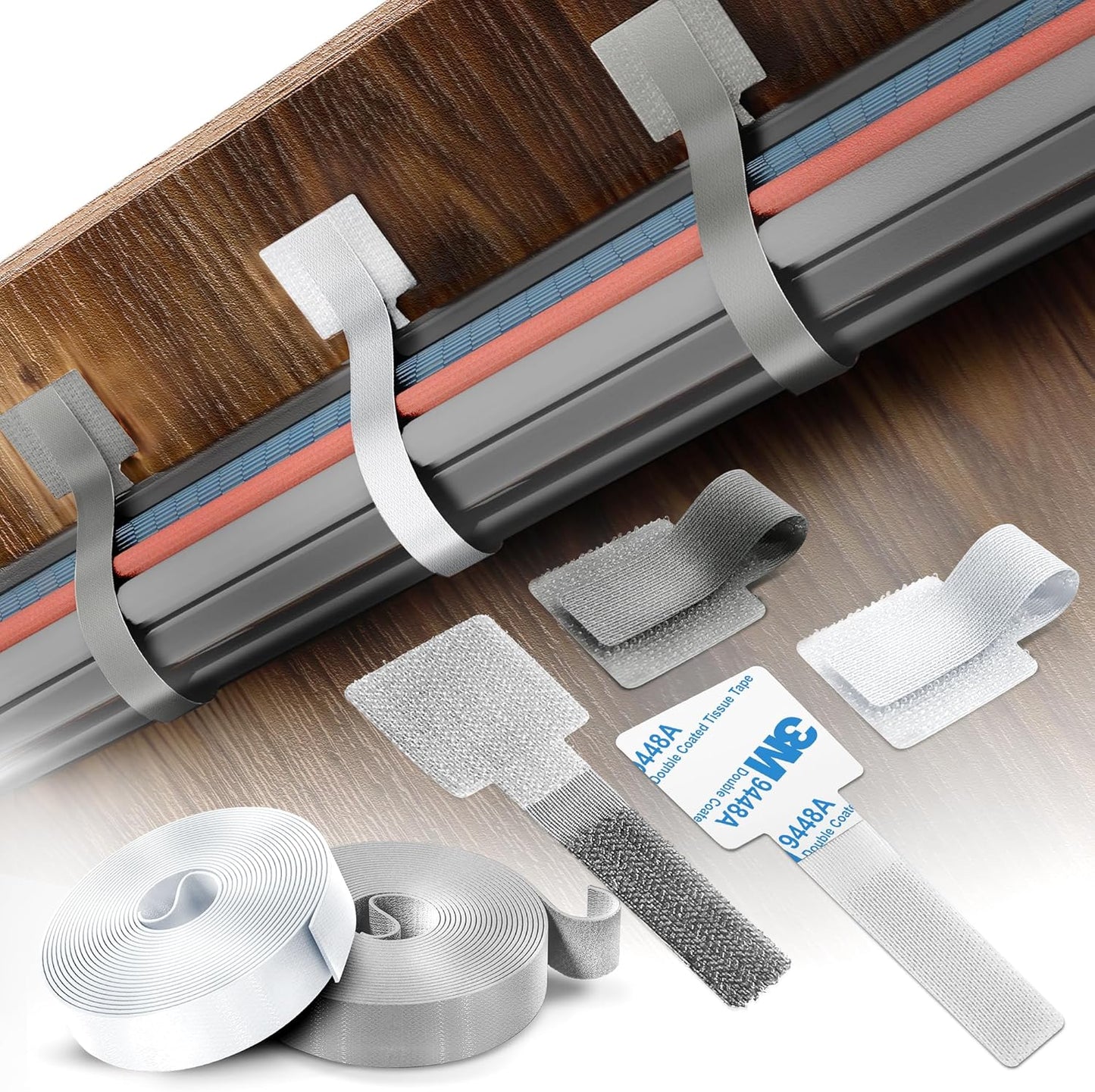 Cable Management Kit – 40 Self-Adhesive Hook and Loop Ties with 2 Extension Straps – Made with 3M Tape, Back-Sticky Cord Organizer for Under Desk, Wall, Home, Office – Adjustable Wire Holders