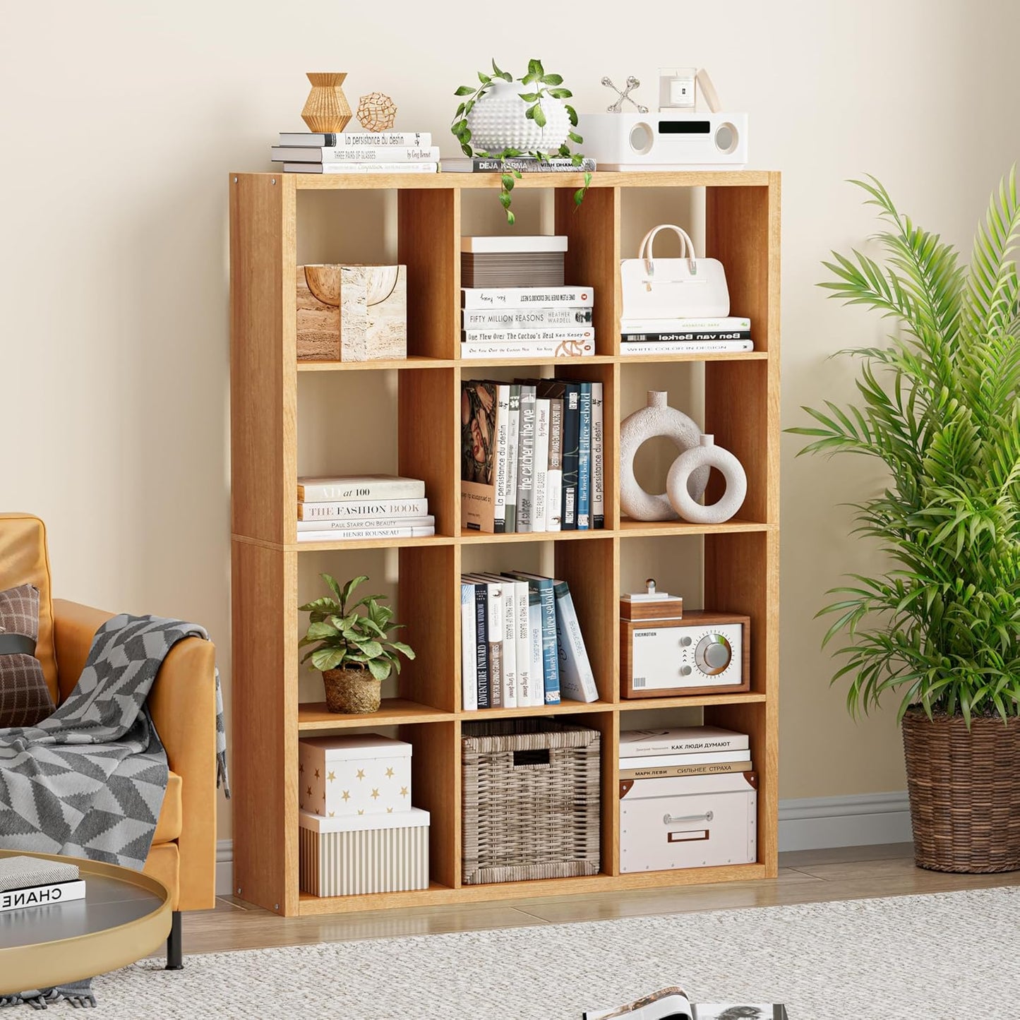 Cube Storage Organizer Bookcase, Decorative 11 inch Open Back Cubical Shelf with Thickened Border, Display Bookshelf for Living Room, Home Office, Sturdy Room (Natural Oak, 12 Cube)