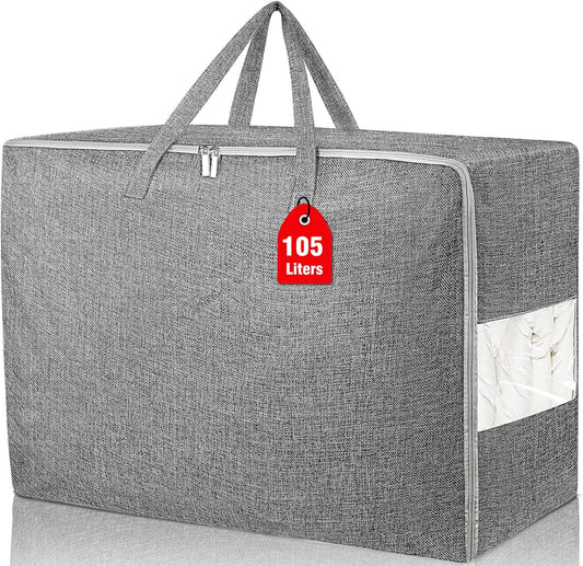 105L Extra Large Storage Bags, Folding Moving Comforter Blanket Storage Bags Closet Organizers and Storage Containers for Clothes with Strong Handles&Zippers Clear Window for Bedding Pillow, Grey