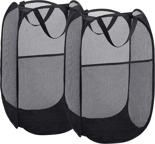 Foldable Mesh Popup Laundry Hamper,Laundry Basket Easy to Open and Fold for Dorm,Travel, College Dorms, and More (2 black)