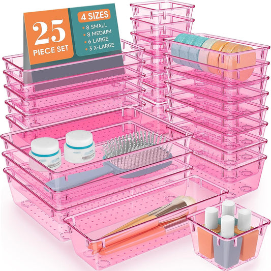 WOWBOX 25 PCS Plastic Drawer Organizer Set, 4 Sizes Desk Drawer Divider Organizers and Storage Bins for Makeup, Jewelry, Gadgets for Kitchen, Bedroom, Bathroom, Office, Clear Pink