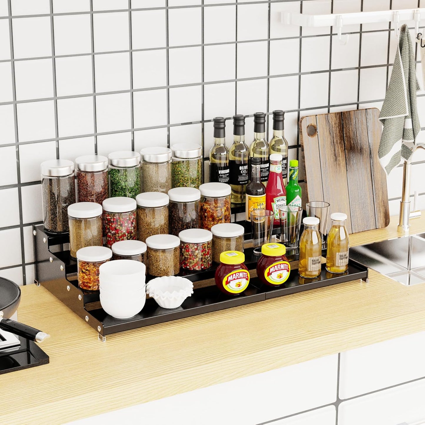 Expandable 4-Tier Step Spice Rack Organizer for Kitchen Cabinet Modern Design and Non Skid Space Saving Storage Shelf for Countertop Cabinets Pantry(2Packs/Black)