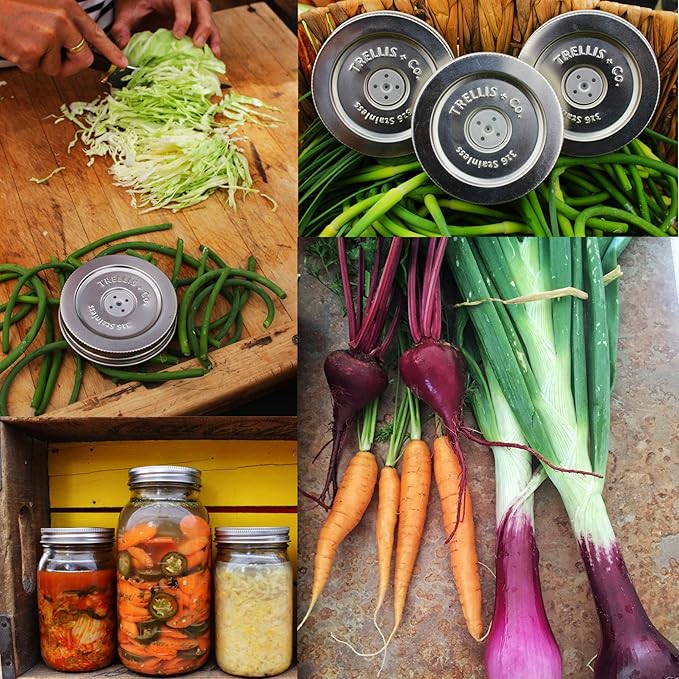 316 Stainless Steel Fermentation Lids | 3 Silicone Waterless Fermenter Airlock Lids | Easy Lacto Fermenting Wide Mouth Mason Jar Canning Lids | Free Recipe eBook Included