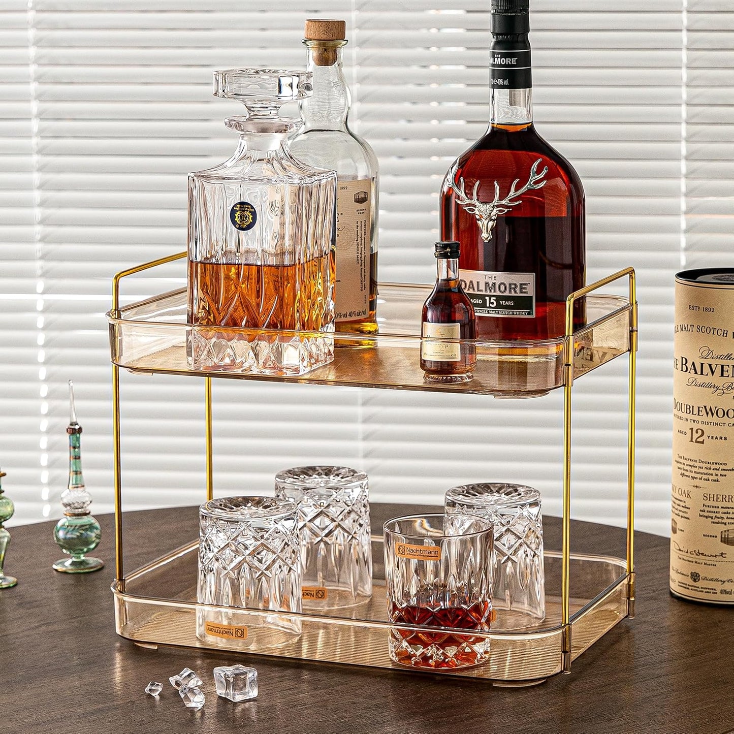 Coffee Bar Accessories, Station Organizers,Large Capacity Storage with Drain Board,Whisky Tray,Mug Tea Cup Holder Coffee Bar Organizer,Amber Gold