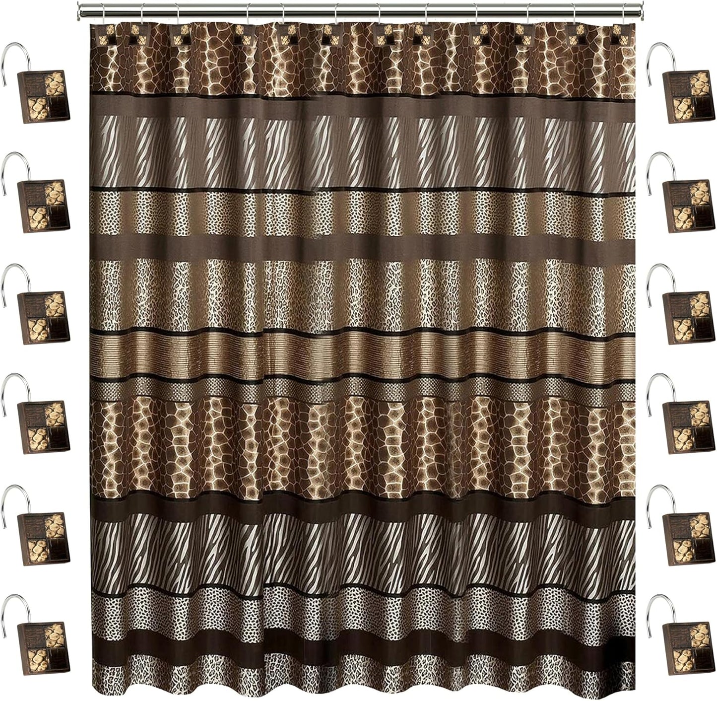 Zahari Home 13pc Safari Stripes Bathroom Shower Curtain Set Animal Print Shower Curtain & 12 Shower Curtain Hooks Luxury Southwest Shower Curtain Unique Design Rustic Shower Curtain Set