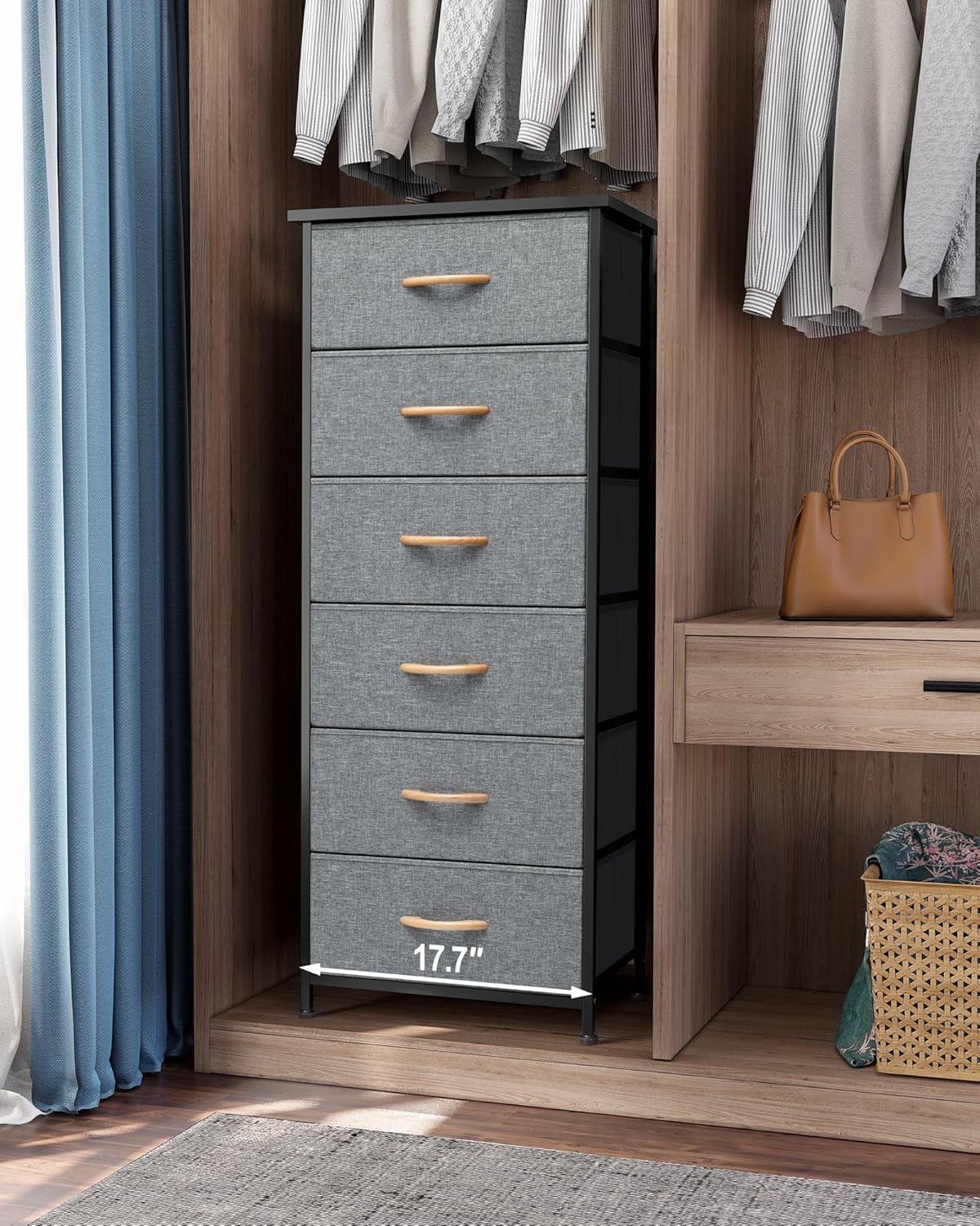 Crestlive Products Vertical Dresser Storage Tower - Sturdy Steel Frame, Wood Top, Easy Pull Fabric Bins, Handles Organizer Unit for Bedroom, Hallway, Entryway, Closets 6 Drawers (Gray)