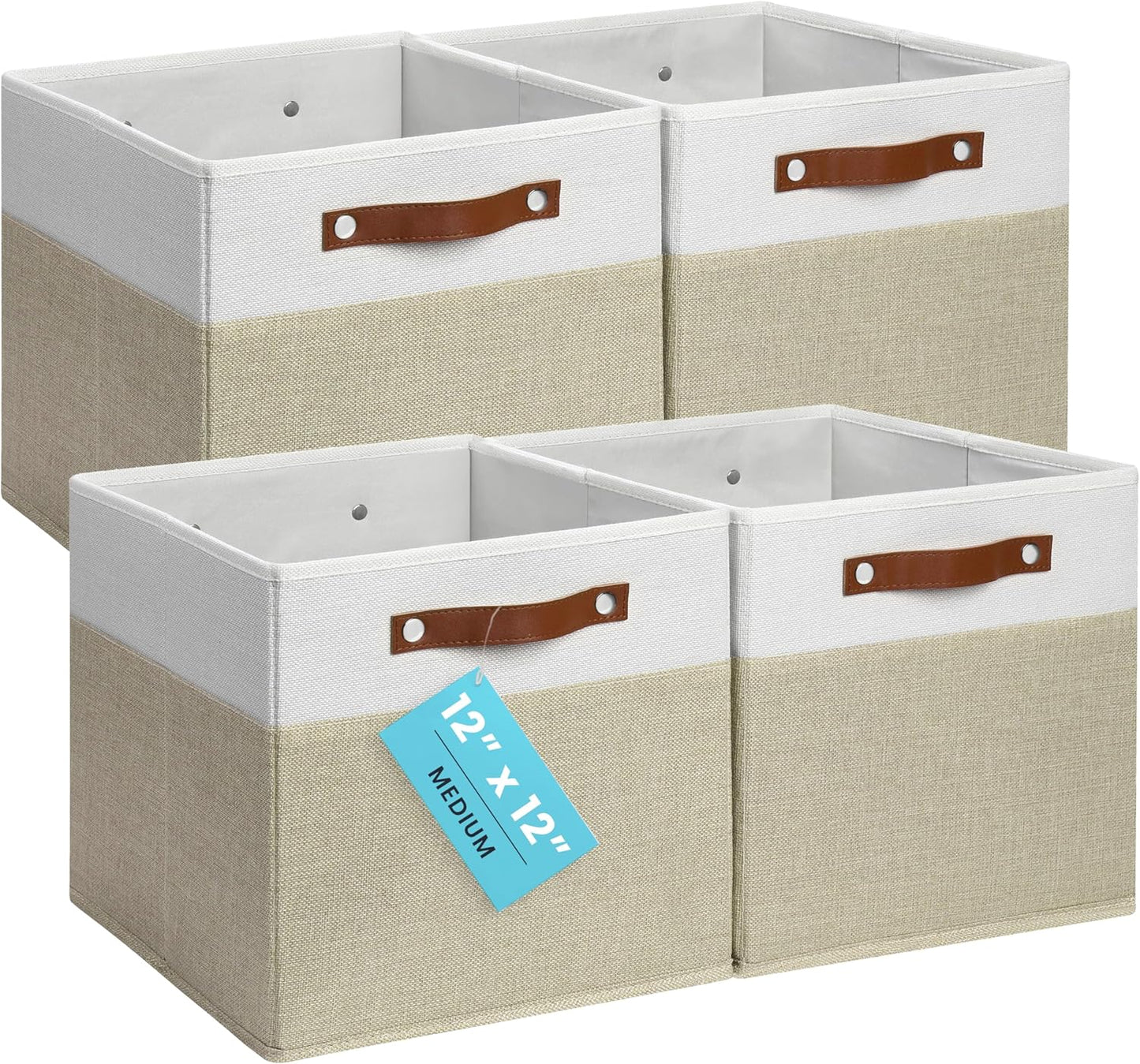 OrganiHaus 12" x 12" x 12" Fabric Storage Bins - Set of 4, Cube Canvas Organizer Bins with Vegan Handles, Kallax Storage Cubes, 12 Inch Cubic Baskets for Shelves - Beige/White