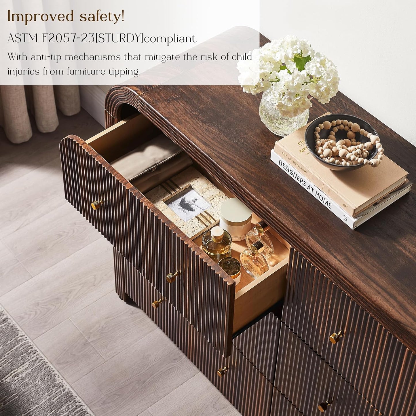 T4TREAM Fluted 6 Drawers Dresser for Bedroom, 54" Wide Modern Chest of Drawers with Thickened Curved Profile Design, Wood Dressers TV Stand for Bedroom, Living Room, Hallway, Dark Walnut