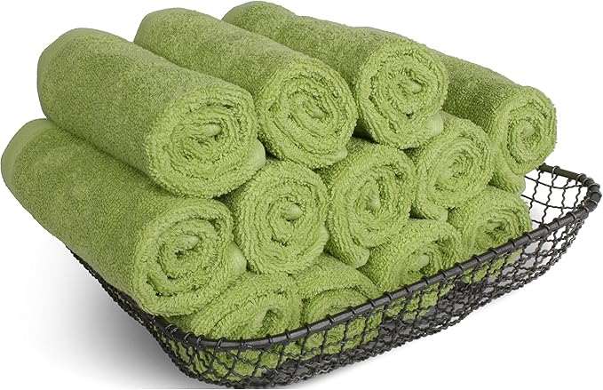 SALBAKOS 100% Turkish Cotton Washcloth Set of 12 13x13 inch | Heirloom Quality | Hotel & Spa Collection | Ultra Soft, Super Absorbent, Washcloth Towels | Made in Turkey (Green, 12 Washcloths)