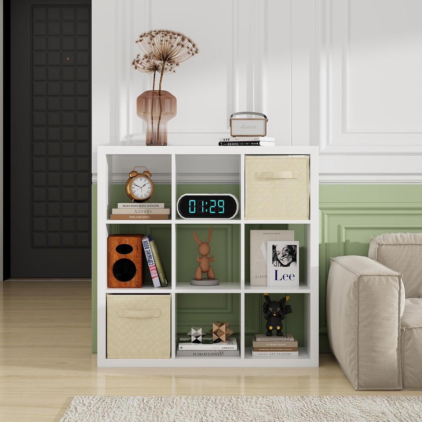 Bookshelf with Storage Bins, 9-Cube Storage Organizer Sturdy Wooden Bookcase Open Book Shelf, Multifunctional Cubicle Rack for Storages & Display, Furniture for Living Room Bedroom Office, White