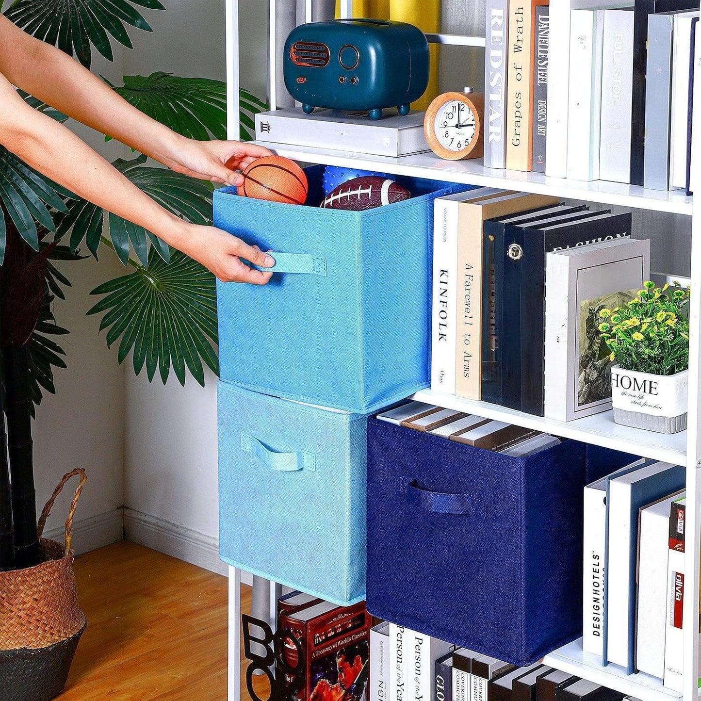 Karenhi 11 x 10. 5 x 10. 5 Blue Storage Cube, 6 Pack Fabric Cube Storage Bins Organizer Box, Collapsible Baskets with Handles Foldable Shelf for Cloth Toys Home Room Closet, Pack of 6