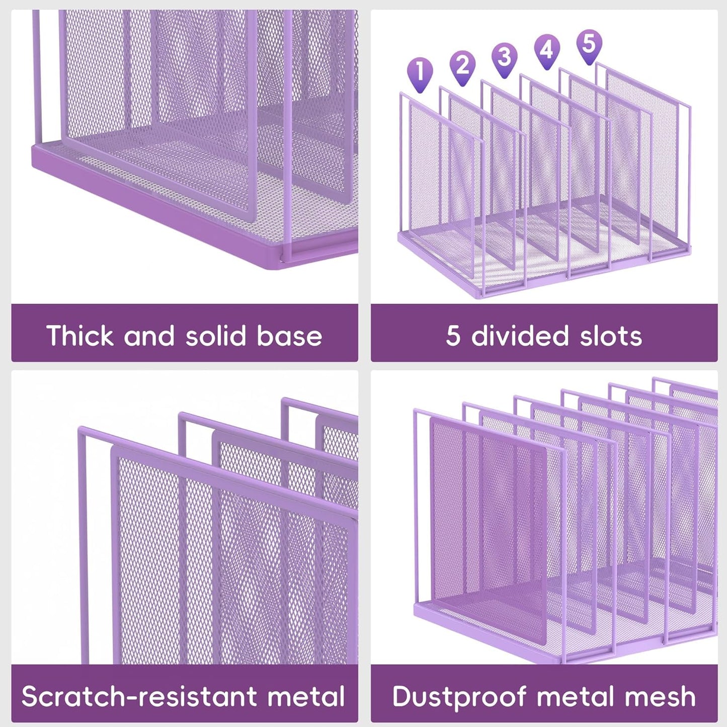 File Organizer for Desk, 5-Section Vertical File Sorter, Paper Holder Organizer Standing Metal File Folder for Office Home Classroom, Purple