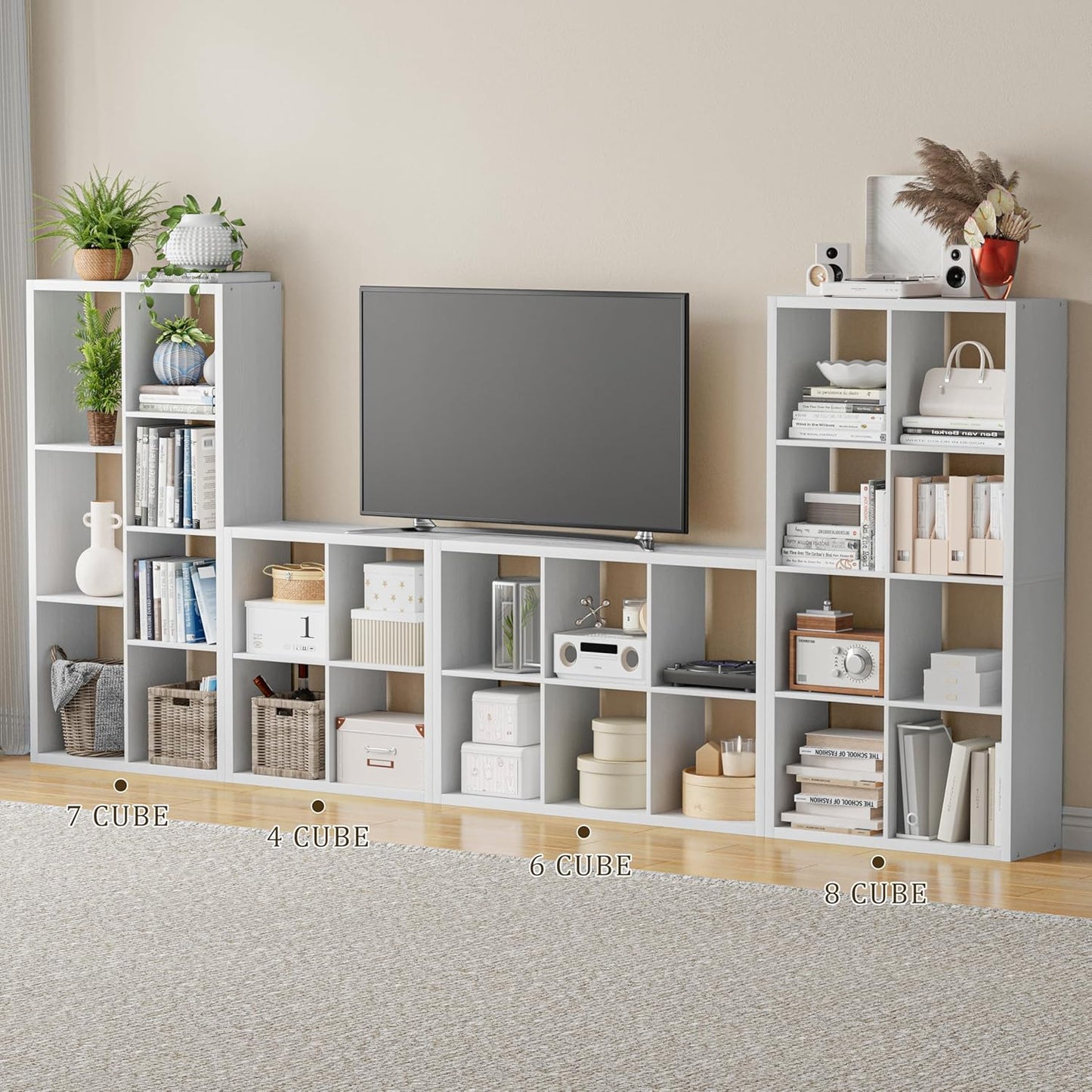 Cube Storage Organizer Bookcase, Decorative 11 inch Open Back Cubical Shelf with Thickened Border, Display Bookshelf for Living Room, Home Office, Sturdy Room (White, 7 Cube)