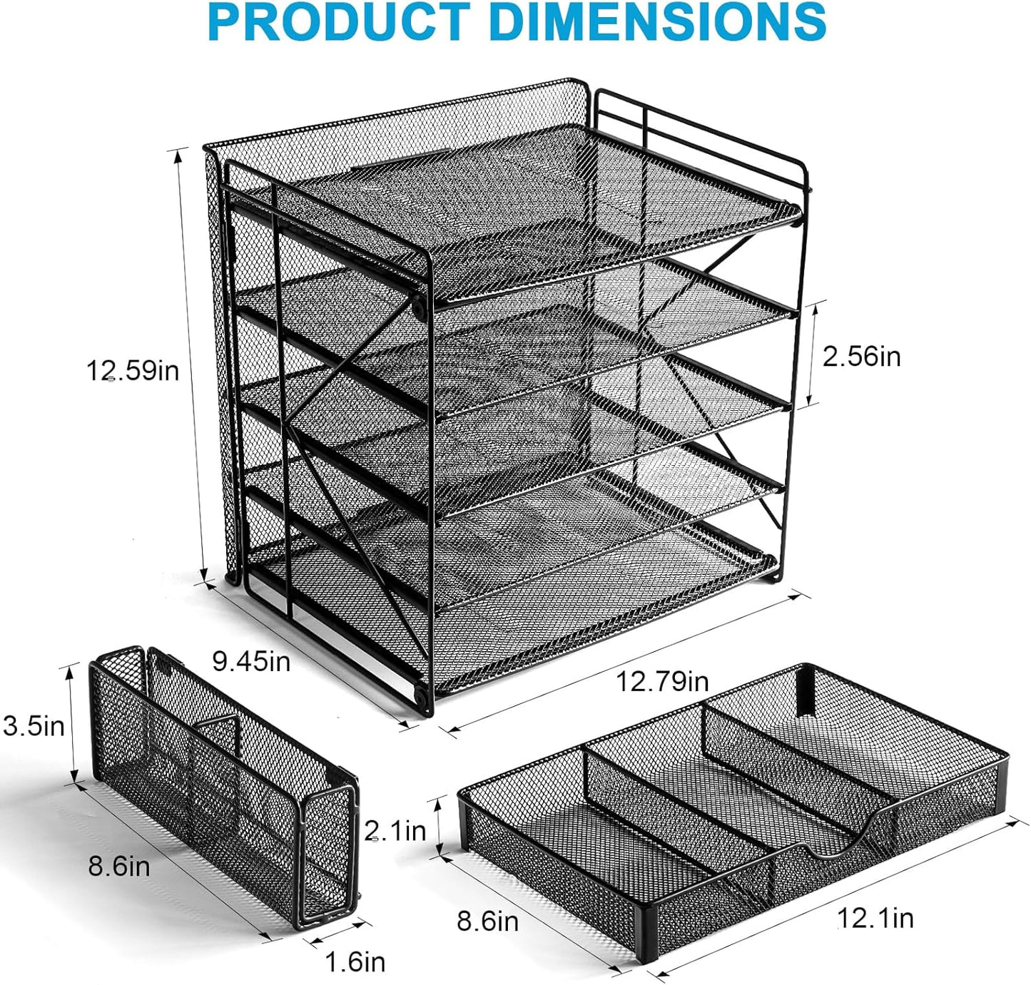 Desk Organizer with Mesh File Holder, Paper Letter Tray with 5 Tier Racks Shelves, 1 Sliding Drawer and Extra Pen Holder for Office Supplies (KPD Black)