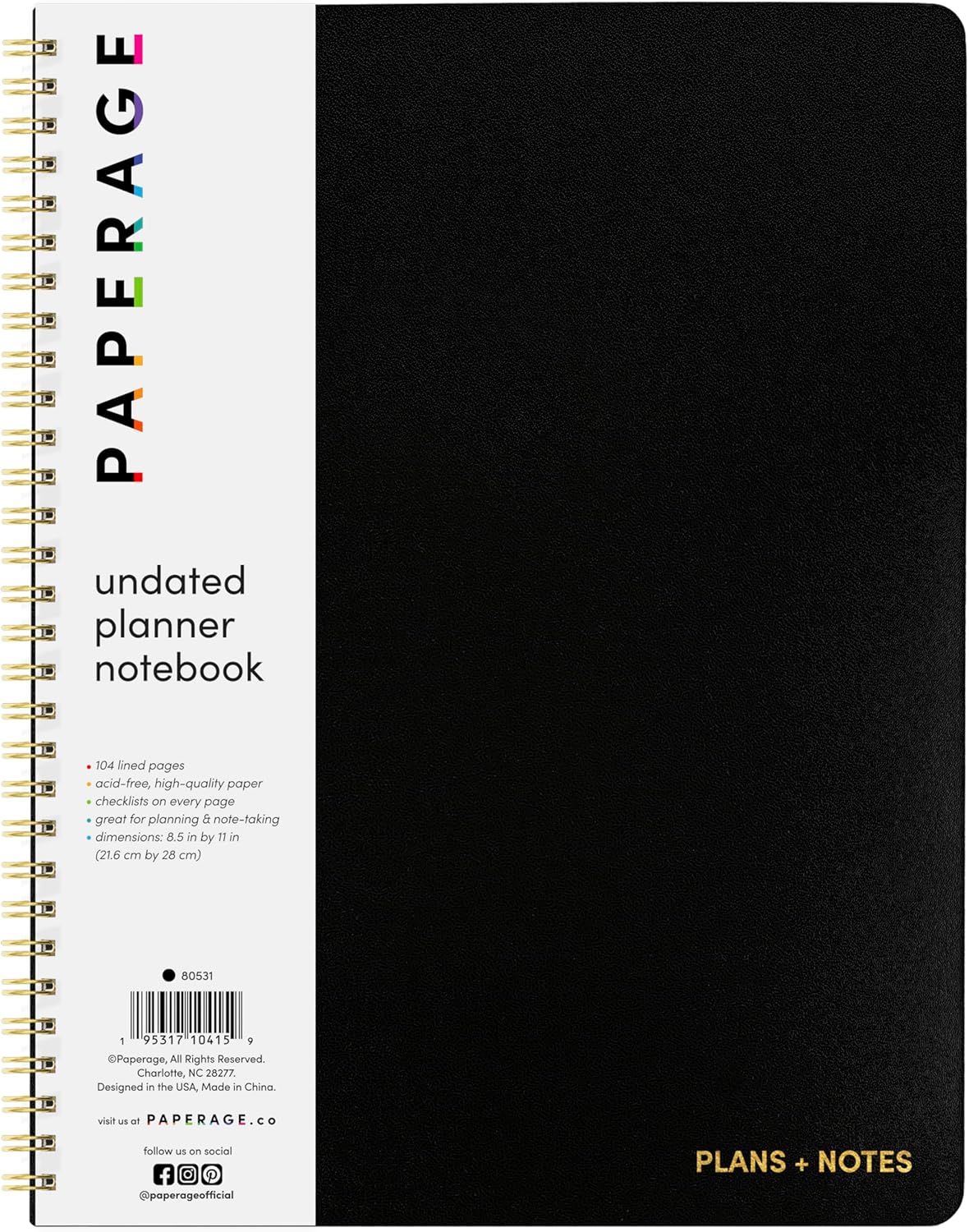 PAPERAGE Undated Daily Planner & To Do List Notepad (Black), 8.5 in x 11 in, Spiral Bound Planner Notebook for Work, School or Home, 104 Lined Pages With Date Tracker for Plans & Notes