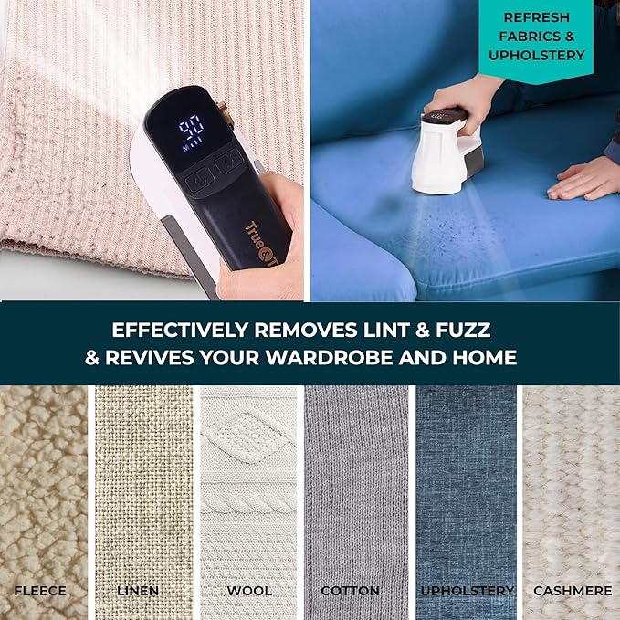 True & Tidy XL Rechargeable Fabric Shaver with Light, 6-Leaf Steel Blades, 3-Speed Motor, LED Digital Display, Lint Remover for Clothes, Furniture & Upholstery (White, Turbo)
