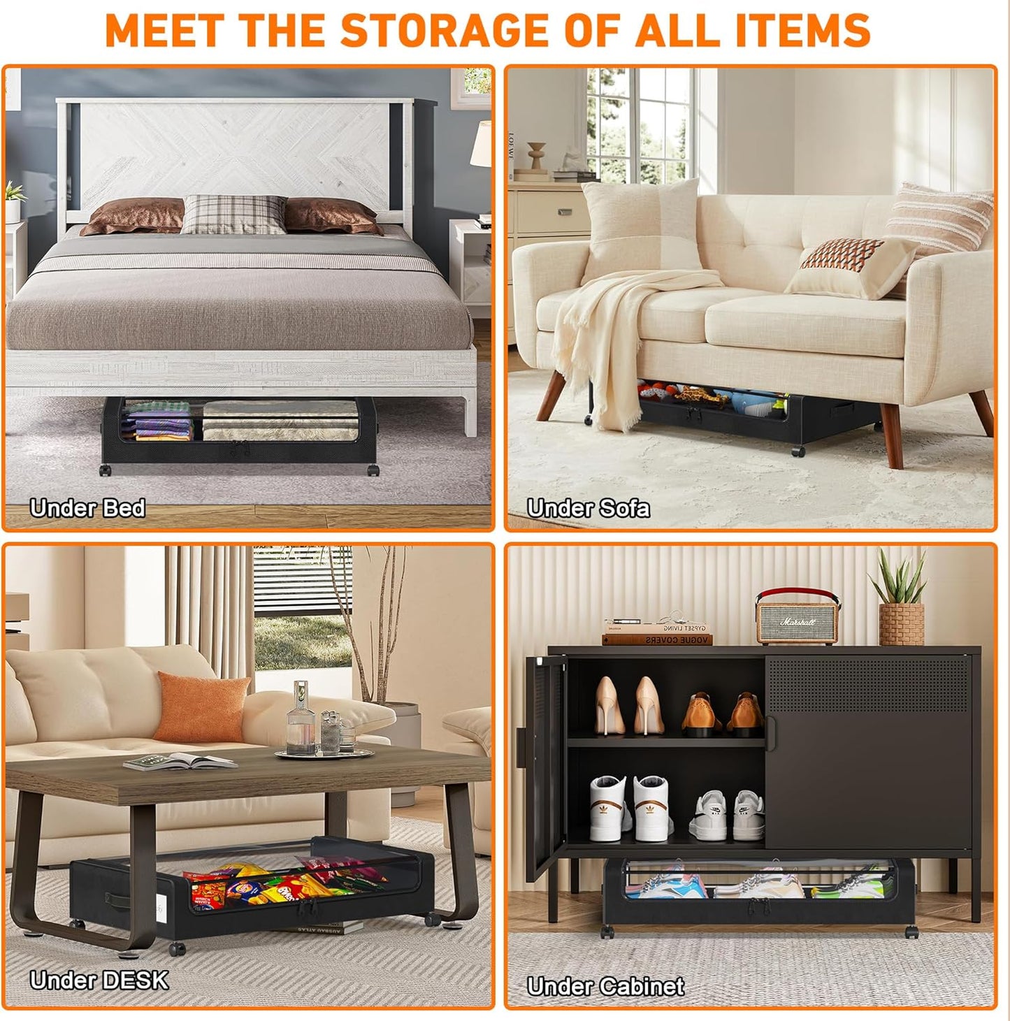 Under Bed Storage with Wheels, 4 Pack Under Bed Storage Containers with Dividers & Clear Lids, XXL 65L Under the bed storage Organizer Bins, Underbed Storage with Wheels for Clothes,Shoes,Toys - Black