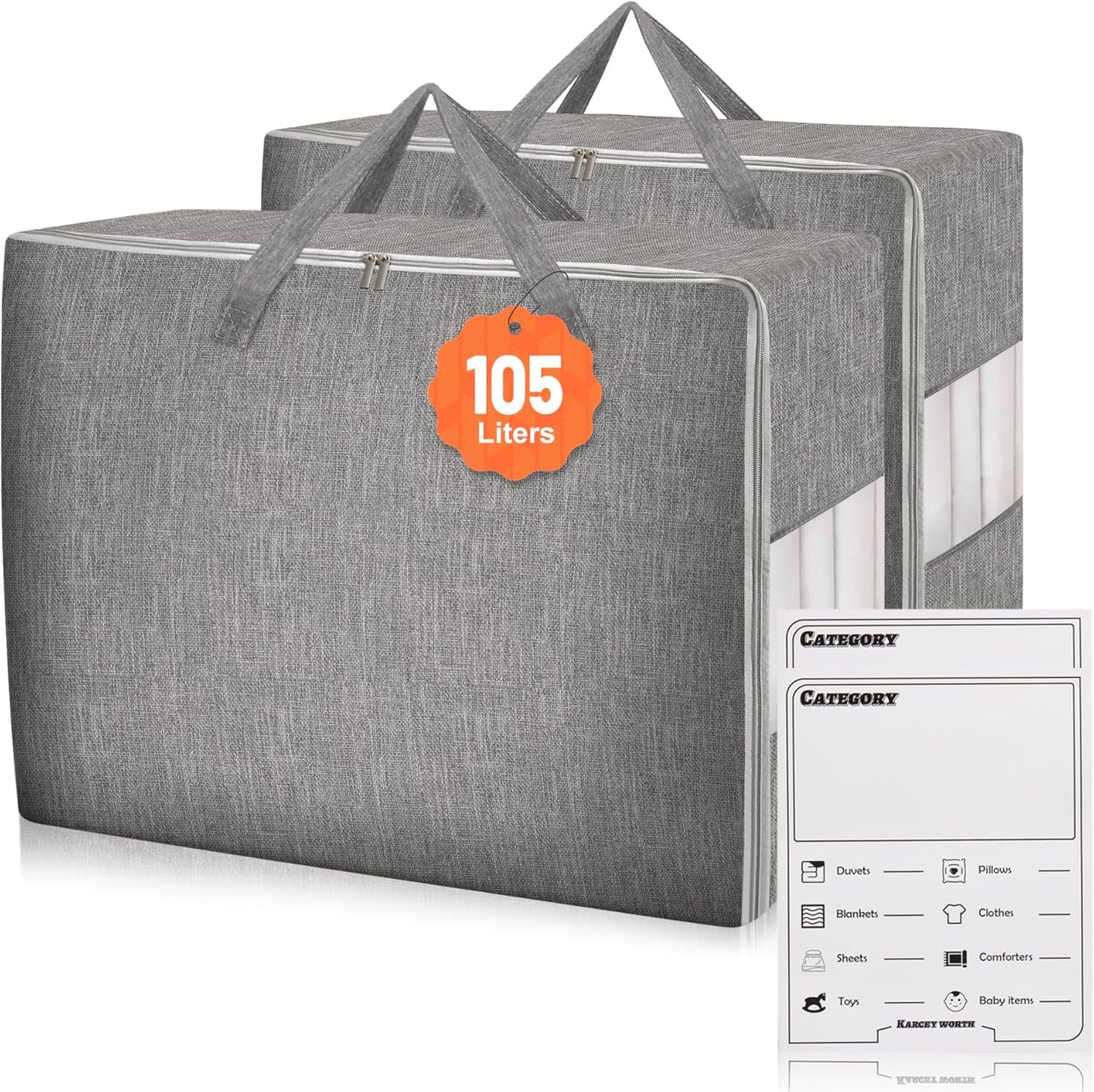 2 Pack 85L Comforter Storage Bags, Extra Large Bedding Storage Bags with Category Card and Clear Window, Reinforced Handles & Zippers, Foldable Closet Organizers for Blanket Pillow