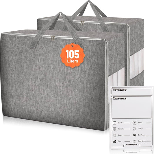 2 Pack 105L Comforter Storage Bags, Extra Large Bedding Storage Bags with Category Card and Clear Window, Reinforced Handles & Zippers, Foldable Closet Organizers for Blanket Pillow