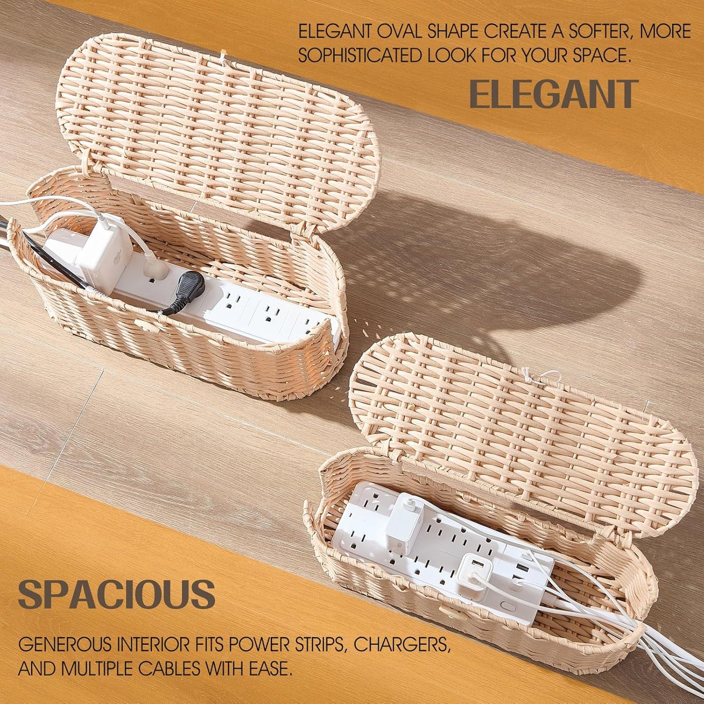 FairyHaus Cable Management Box 2Pack Cream, Handwoven Large and Small Cable Organizer Box Cover to Hide Cords and Power Strip, Imitation Wicker Cord Organizer Box Hider for Office Desk and Floor