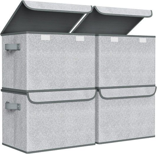 Univivi Storage Bins with Lids [4-Pack] Large Collapsible Stackable Fabric Storage Boxes with Lids, Decorative Closet Organizers and Storage for Clothes, Office, Bedroom (Gray, 17“ x 12” x 12")