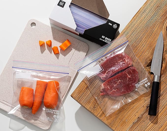 24/7 Bags- Variety Zip Storage Bags, 275 Count, 4 Sizes Including 2 Gallons, Easy Grip Open Tabs, Write-On Space, BPA-Free & Heavy Duty, Microwave Safe, Non-StandUp