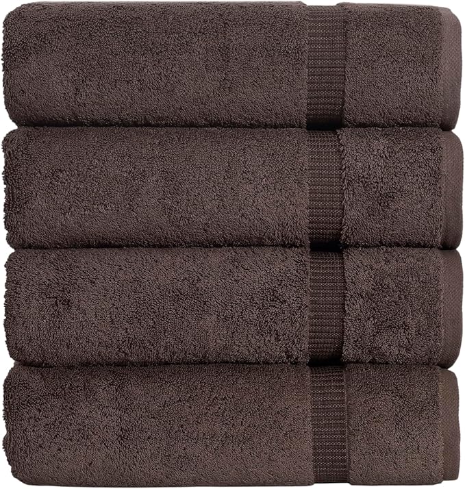 SALBAKOS 100% Turkish Cotton Bath Towel Set of 4 27x54 inch | Heirloom Quality | Hotel & Spa Collection | Soft, Super Absorbent, Long Lasting Bath Towels | Made in Turkey (Chocolate, 4 Bath Towels)