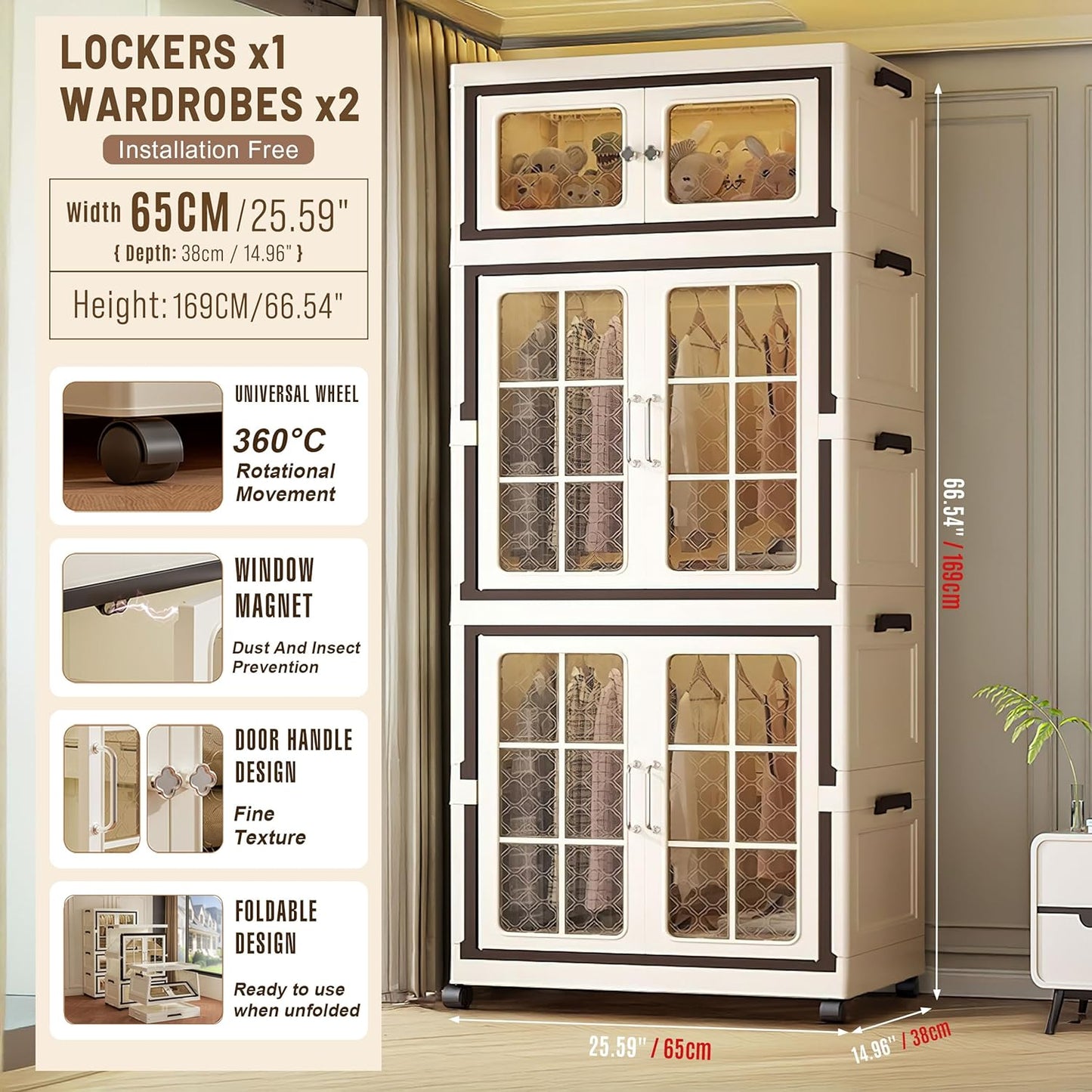 Stackable Storage Bins with Lid, Plastic Collapsible Cabinet, Large Closet Organizer with Wheels, Foldable Storage Cabinet for Home and Office