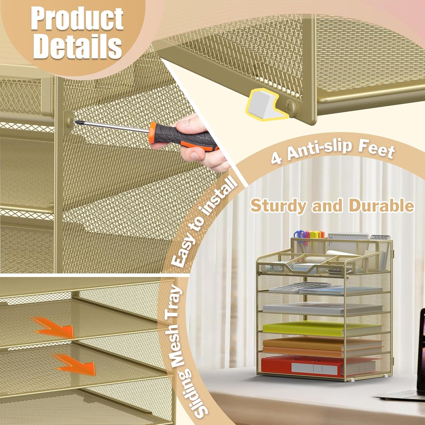 Docnest 6 Tier Mesh Desk Organizer for Paper Office Supplies – Multi-Functional Letter Tray with 5 Adjustable Compartments, 3 Pen Holders, Desktop Storage for Files, Mail, Stationery – Gold Yellow