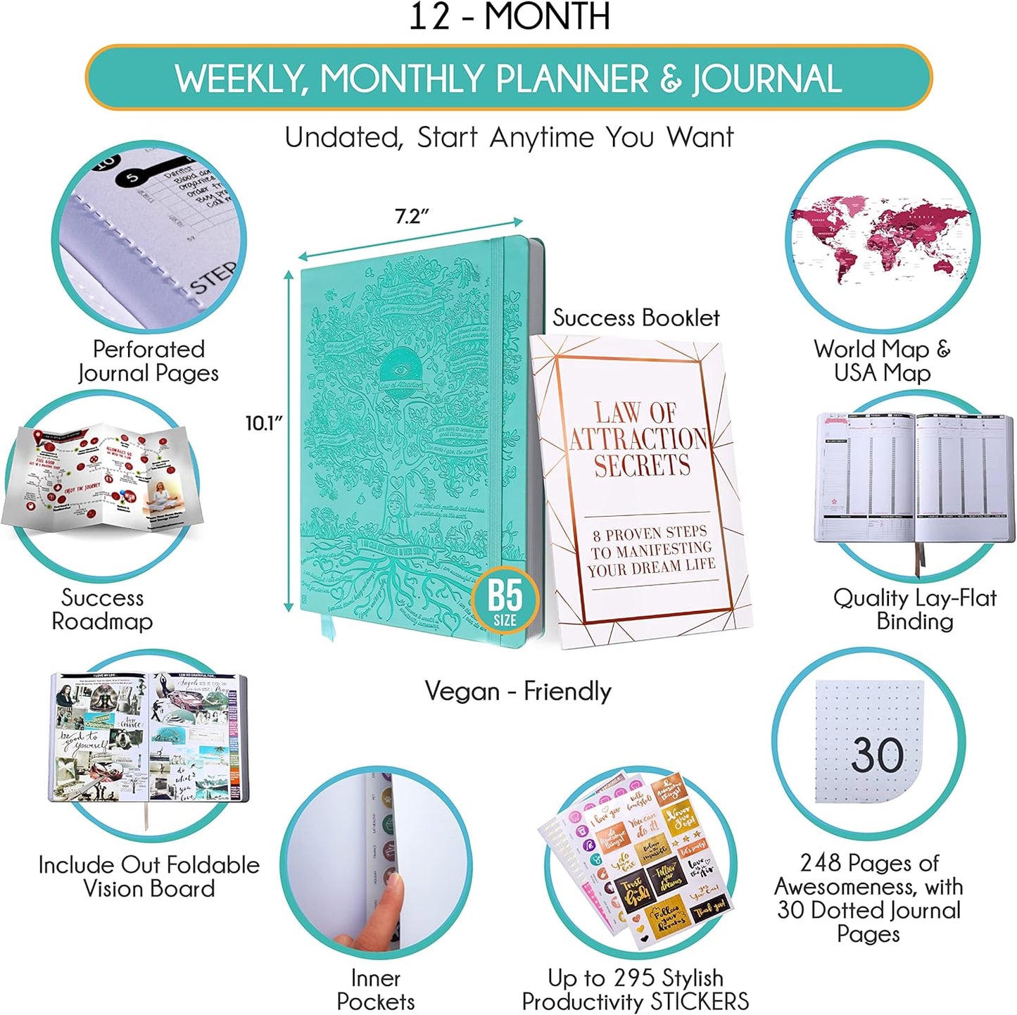 Law of Attraction Planner - Undated Hourly, Weekly & Monthly Goal Setting Planner, 12-Month to Increase Productivity | Life & Gratitude Journal, Include Foldable Vision Board, Gift Box & Stickers