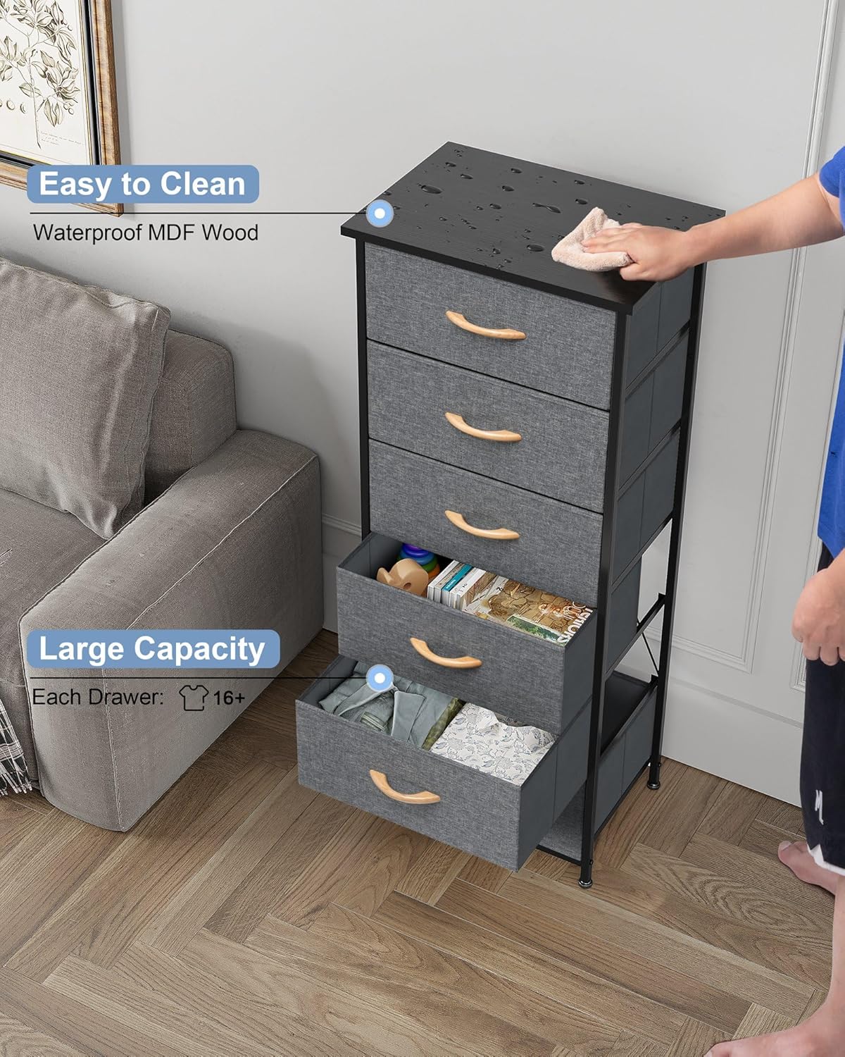 Crestlive Products Vertical Dresser Storage Tower - Sturdy Steel Frame, Wood Top, Easy Pull Fabric Bins, Handles Organizer Unit for Bedroom, Hallway, Entryway, Closets 6 Drawers (Gray)