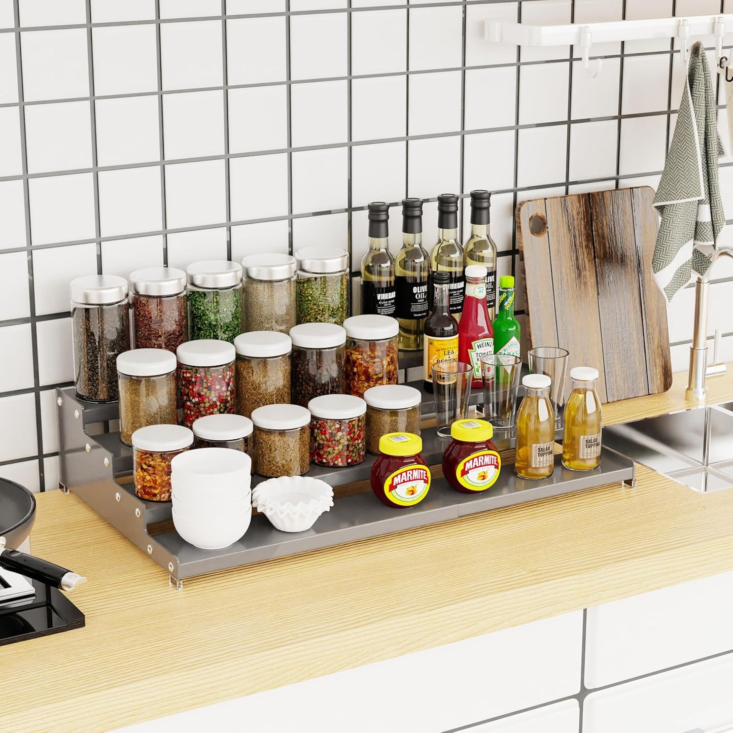 Expandable 4-Tier Step Spice Rack Organizer for Kitchen Cabinet Modern Design and Non Skid Space Saving Storage Shelf for Countertop Cabinets Pantry (1Pack/Gun-Grey)