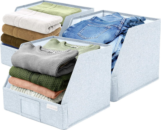 Trapezoid Storage Bins – 12"x12"x10"x 4" Closet Shelf Organizer & Baskets, Fabric Storage Baskets, Collapsible Organizer Boxes for Towels, Baby Clothes, Spring Wardrobes – Light Blue, 3 Pack