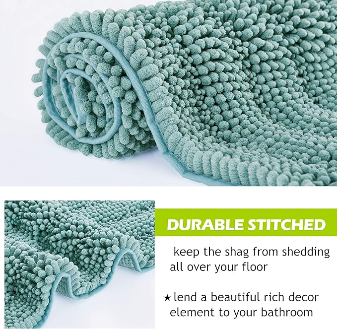 KGORGE Non Slip Chenille Bath Rugs - Super Soft Water Absorbent Anti-Skidding Fast Dry Thick Plush Kitchen Mats for Bathroom Shower Tub Entryway, Aqua, 20" W x 32" L 1 Piece
